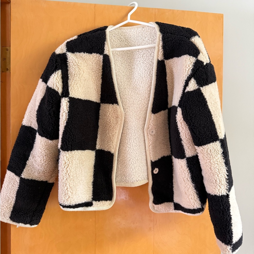 Moon River Black and Cream Checkered Teddy Jacket